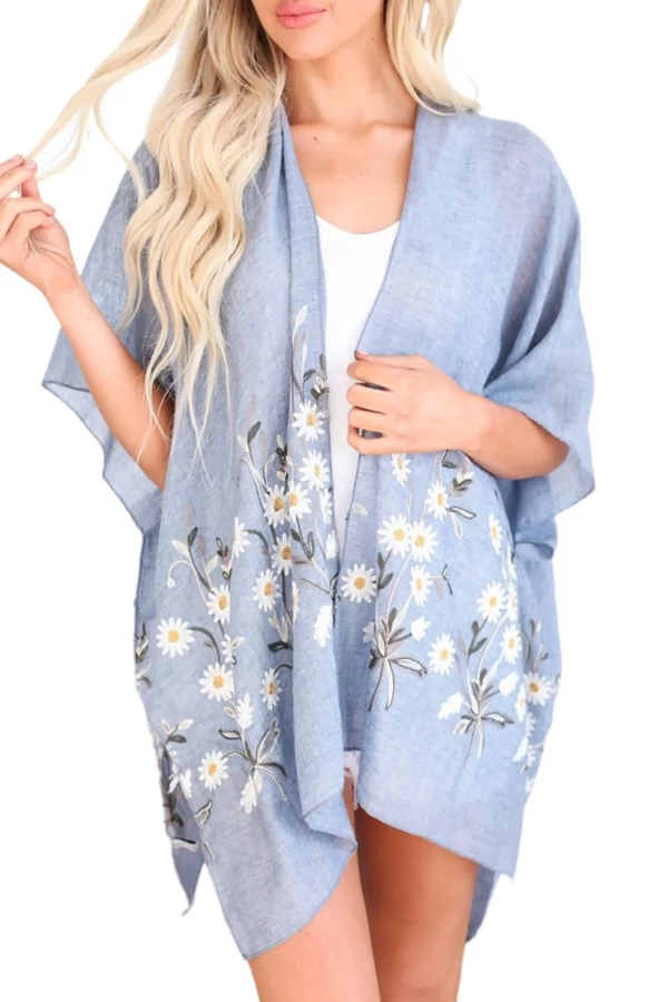 Carolina Blue Spring Daisy Printed Open Front Cover Up Dress